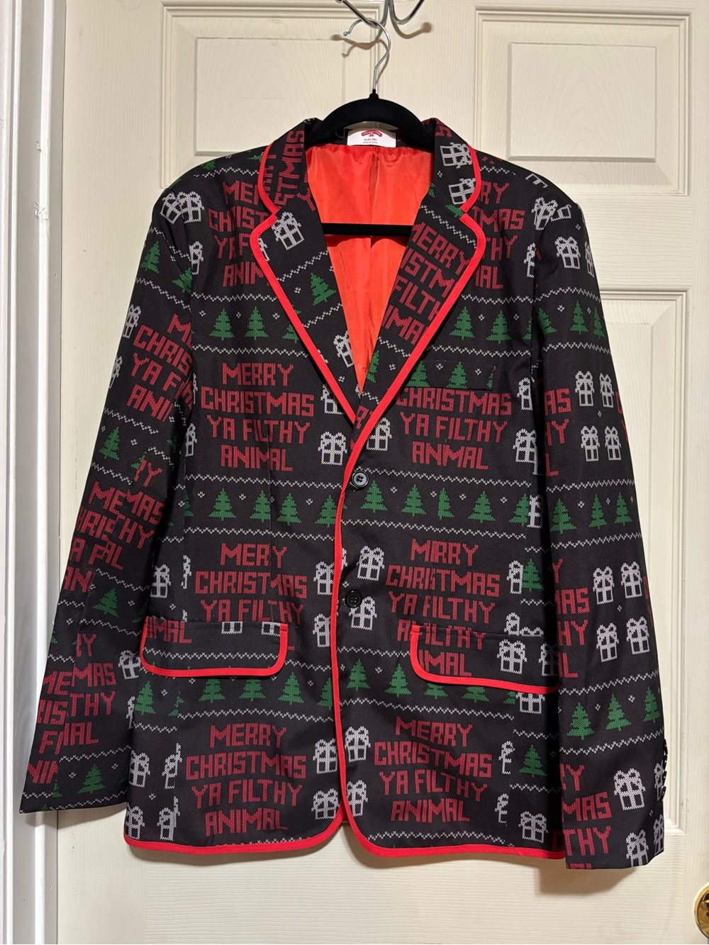 Holiday Time Black & Red Novelty Christmas Blazer with Green Accents